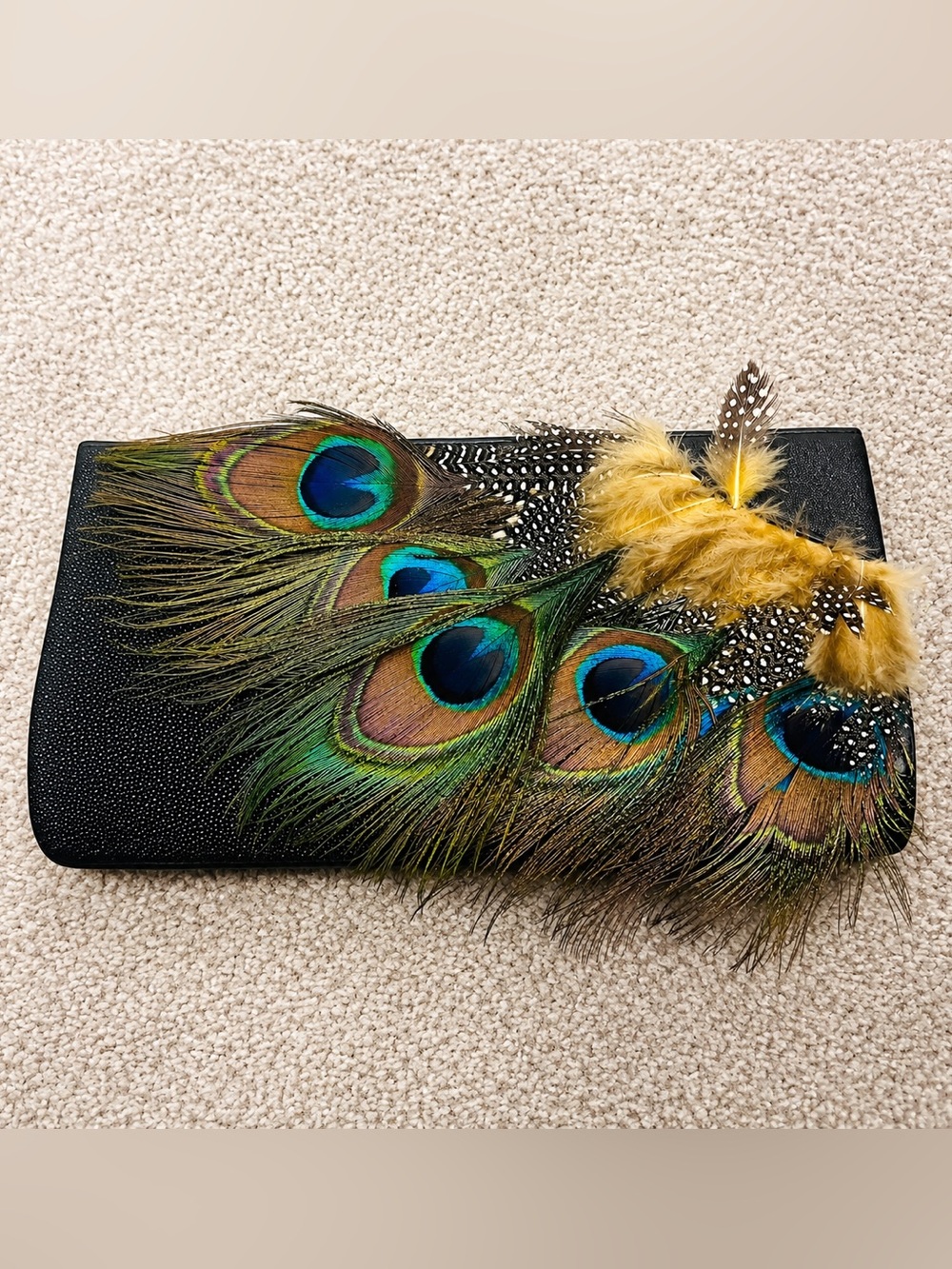 Brand New Designer LAWLESS Black Leather Clutch with Peacock Feather Accents